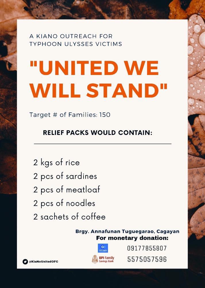 KiaNoUnitedOFC's tweet photo. KUO presents:

“United We Will Stand”

A KiaNo Outreach Program for Typhoon Ulysses victims in Brgy Annafunan, Tuguegarao, Cagayan

See art cards for more details: https://t.co/4fOc4rUXrv