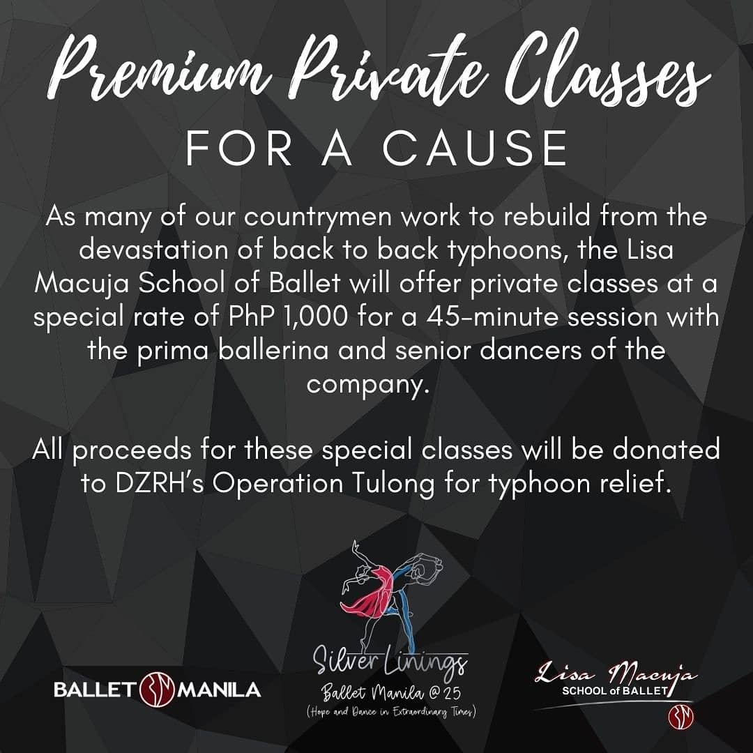 Help us provide a silver lining to our countrymen in typhoon stricken areas by sending us a private message or an email to school@balletmanila.com.ph to sign up for our special fundraising classes.