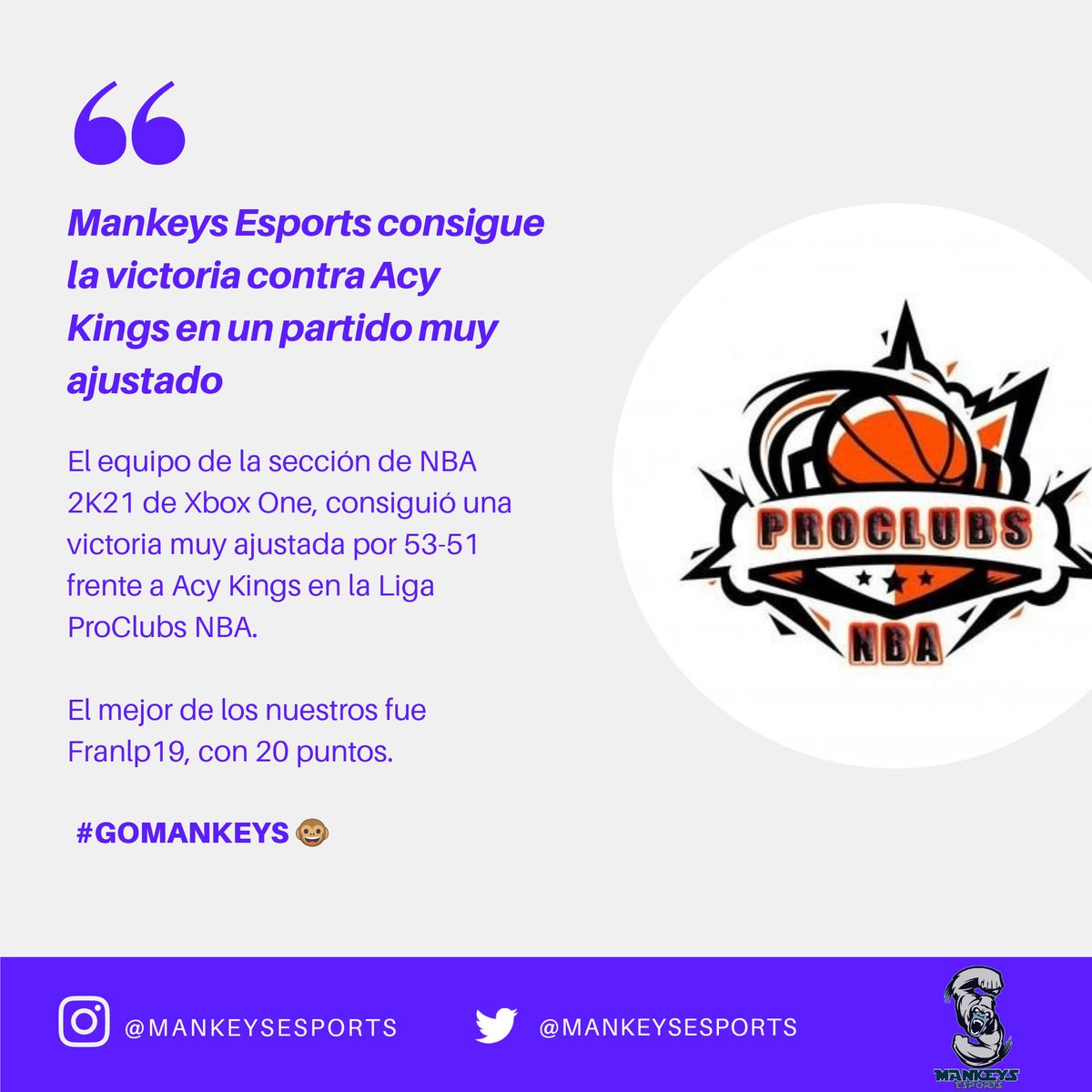 MankeysEsports's tweet photo. 📣 ¡Resultados de la J.9 de la Liga @ProclubsN de Xbox One!
🎽Mankeys Esports 53-51 Acy Kings
💪 Nos colocamos con un balance de 3-4 de cara a la última jornada de liga. Seguimos mejorando!
#GoMankeys🐵 https://t.co/WOkUdS50to