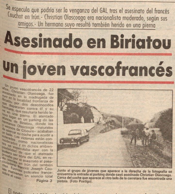 Landerlandia's tweet photo. Tal día como hoy de 1984 Christian Olaskoaga fue asesinado en Biriatu y su hermano Claude resultó herido. Detrás de este crimen, la sombra de los tricornios de Felipe Bayo, Enrique Dorado, el general Galindo y compañía. 
Dos días después en Bilbao mataron a Santi Brouard
#Memoria https://t.co/1VSLaPQbd8