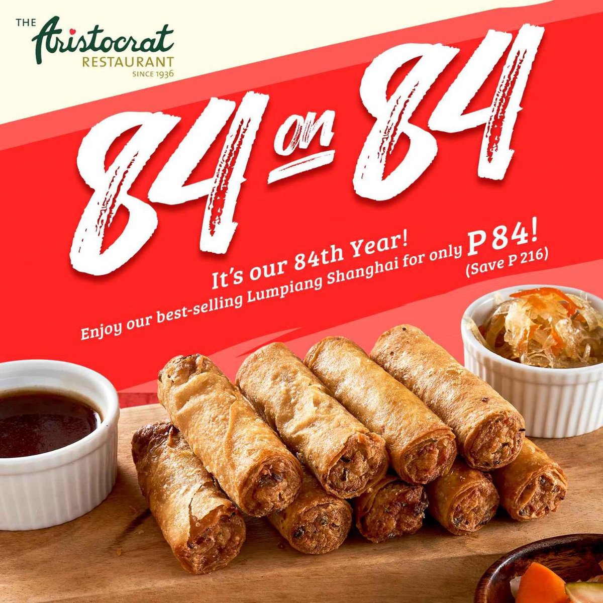 AristocratPH's tweet photo. As we celebrate our 84th in the coming days, we’re cooking up a special treat for you! From November 20-22, enjoy our best-selling Lumpiang Shanghai for only PHP 84 when you purchase a minimum of PHP 1000. A guaranteed #LutoMulaSaPuso meal just for you and the family. 💚 https://t.co/sy8O4xEkA0
