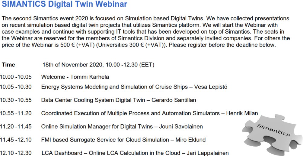 SemantumOy's tweet image. Simantics Autumn Webinar 2020 is live now! Focus on Simulation based Digital Twins, starting with case examples and continuing with supporting IT tools that has been developed on top of Simantics. 
#Simantics #DigitalTwin @THTH_ry
