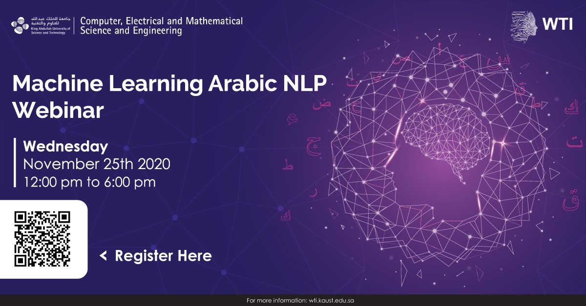 KAUST_News's tweet photo. Want to put your scientific and digital skills to good use? Join us to learn, compete, and win at the Machine Learning Webinar and learn more about participating in the Arabic NLP challenge! Register Now!
 
Register: https://t.co/lT1sl7QUMZ
Event Website: https://t.co/JEPVOQsNMR https://t.co/foarccWh0c