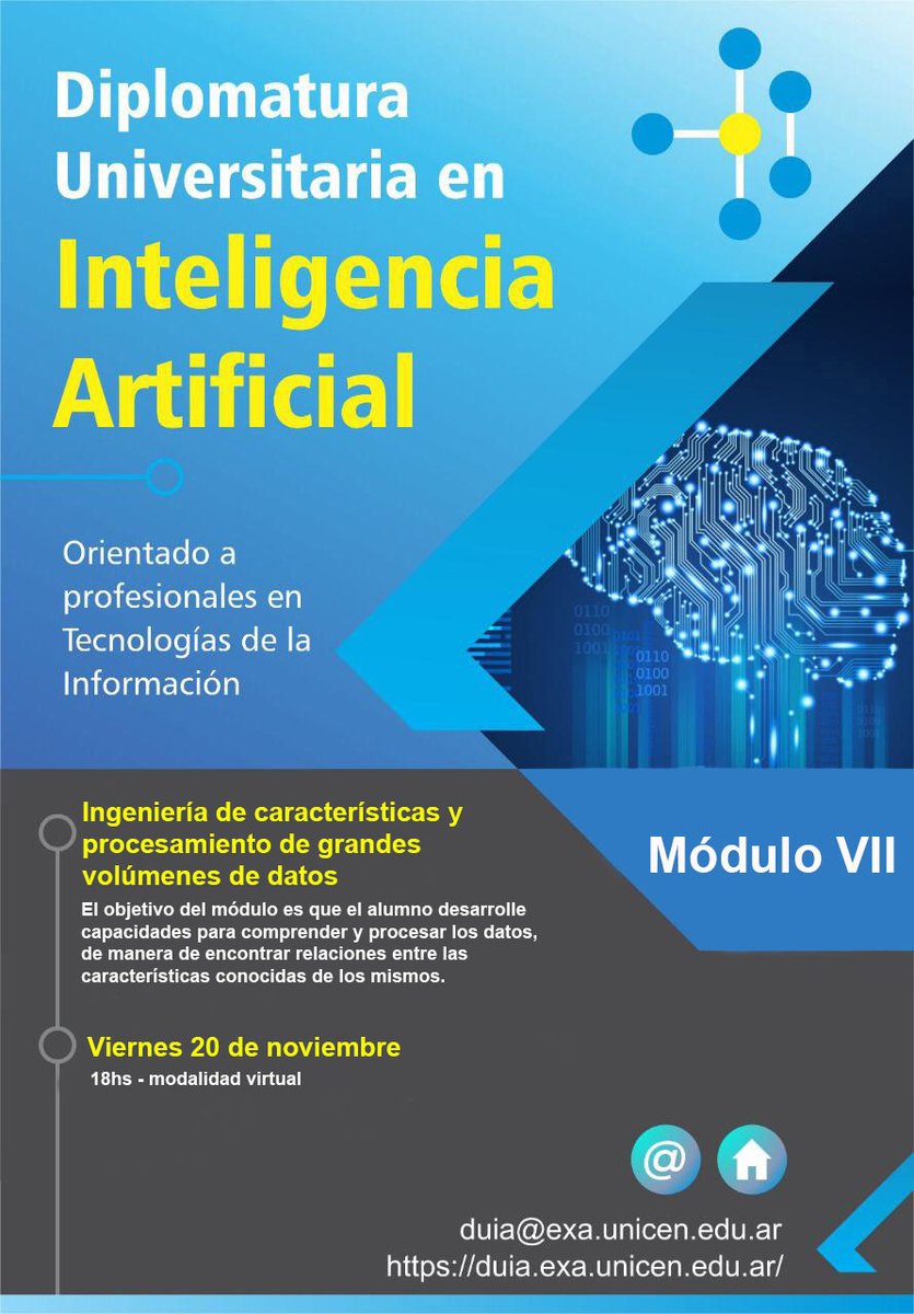 DuiaUnicen's tweet photo. El próximo viernes 20 comienza el último módulo de la #DUIA 2020 "Ingeniería de características y Procesamiento de grandes volúmenes de datos"+ Info: duia@gestion.exa.unicen.edu.ar #AI #ArtificialInteligence @DuiaUnicen @cepitargentina @GEX_UNICEN @UnicenARG @FCEx_UNICEN https://t.co/nKATDn1HCQ