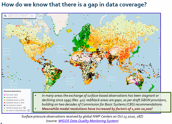 WMO's tweet photo. #WMOData conference: 
The exchange of surface based observations vital for weather forecasts has been stagnant or in decline since 1995, says WMO President Gerhard Adrian
WMO is working to close the gap https://t.co/l0r6TpbitW
