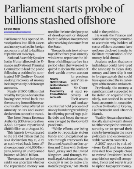 TIKenya's tweet photo. Parliament has opened investigations into illicit assets and money stashed in foreign accounts in a bid to facilitate repatriation to Kenya- via Business Daily pg 4. @NationMediaGrp @TISAKenya @KLIF_Kenya @OAG_Kenya @MzalendoWatch @CRECOKenya @InukaKenya @nisisikenya @NAssemblyKE https://t.co/KMHnfno0n3