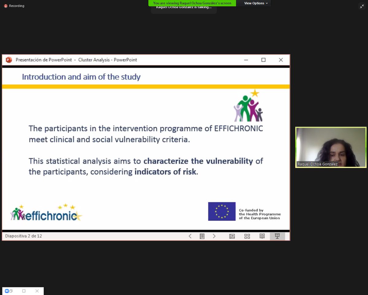 effichronic's tweet photo. Raquel Ochoa, from FICYT, is presenting the results of the cluster analysis performed for vulnerable characterization @FICYT #socialandhealthdeterminants #wefightagainstinequalities
#FinalConferenceEffichronic https://t.co/w0yj1PIF5c