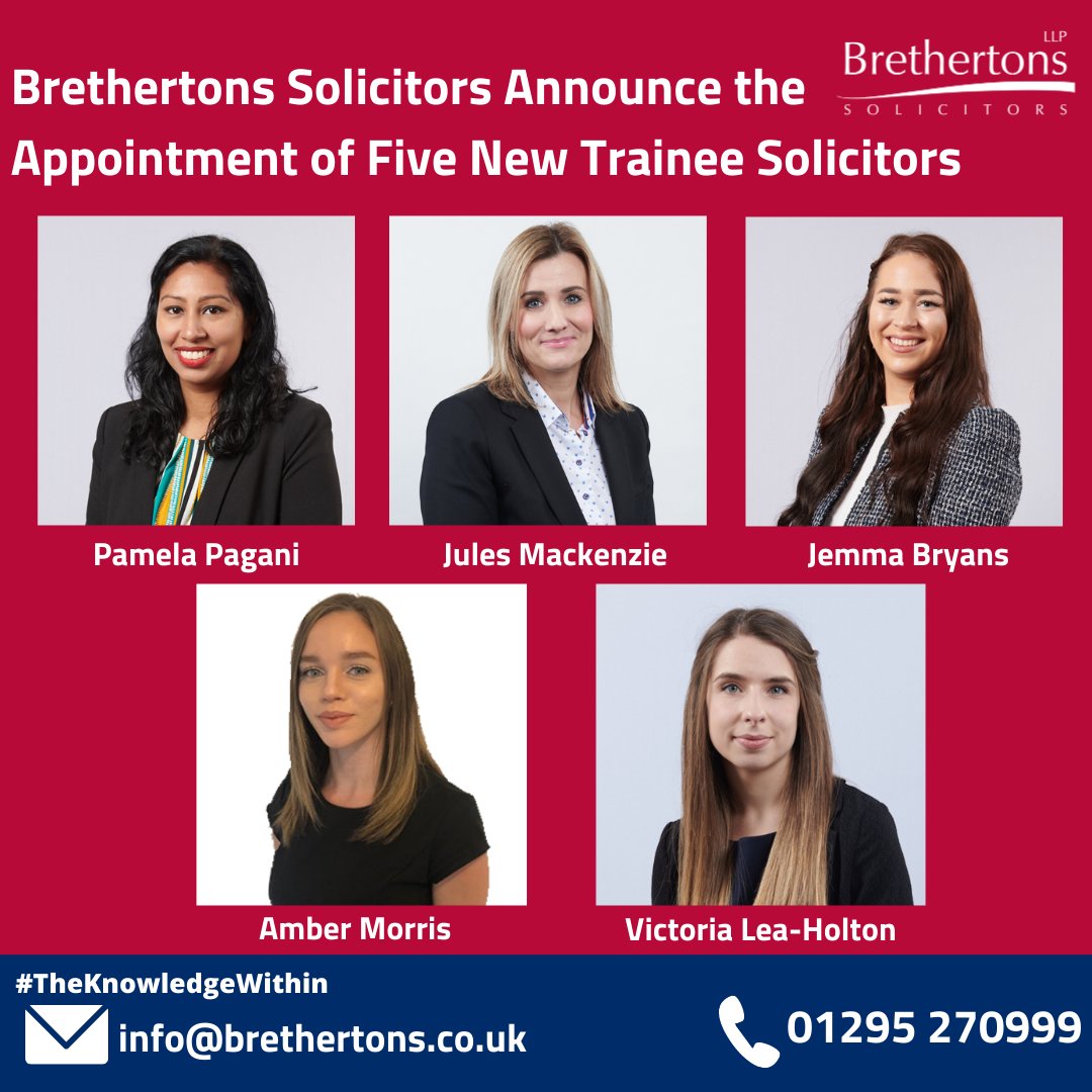 brethertonsllp's tweet photo. Brethertons are delighted to announce the appointment of five trainee solicitors. Training contracts have been awarded to paralegal staff members; Jules Mackenzie, Amber Morris, Pamela Pagani, Jemma Bryans and Victoria Lea-Holton. https://t.co/1j1K7VuIXt #theknowledgewithin https://t.co/nMEHVpeR3h