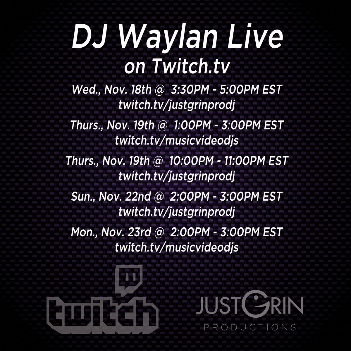 JustGrinPro's tweet photo. Catch me on Twitch a few times over the next several days! .....#musicvideos #livestream #livestreaming #twitchdj #twitchdjs #musicworld #djlife #djlifestyle #eventdj #eventdjs #weddingdj #corporateeventdj #djlivestream #djmusic #djwaylan #justgrinproductions https://t.co/6gfLdCB1Kf