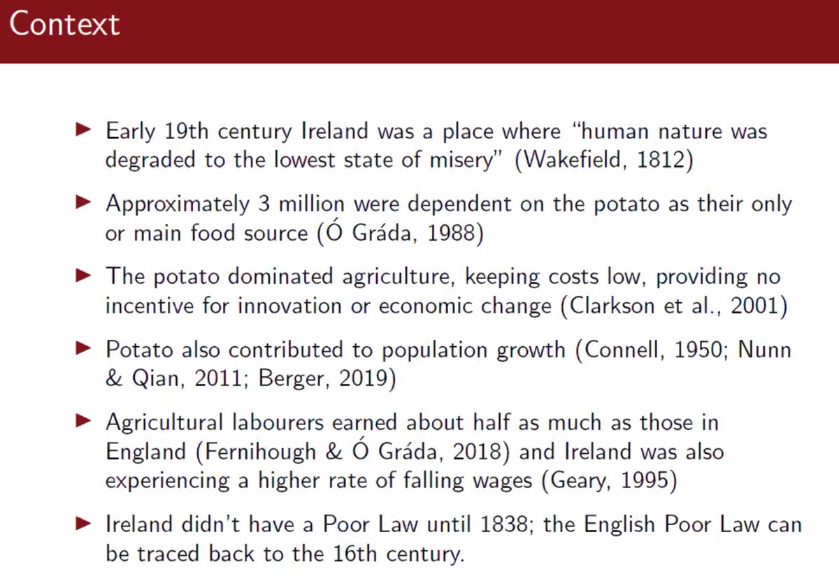 Qualitative and quantitative evidence that Ireland had low living standards before the famine and there was high potato dependence. Potatoes were an excellent food source that could be exploited with little land.  #oxeshgradseminar  #econhist  #EconTwitter  #twitterstorians