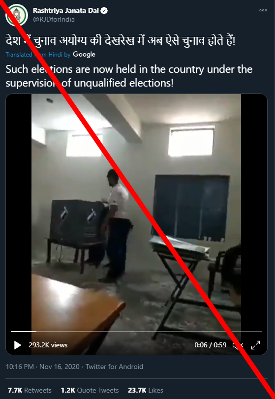 Another example: the RJD tweeted a misleading video allegedly showing fraud at a voting booth. The video was filmed in 2019.  @AltNewsHindi has the fact check here, but Twitter hasn’t labeled the RJD tweet  https://www.altnews.in/hindi/video-from-2019-lok-sabha-polls-viral-as-voter-fraud-in-recent-bihar-elections/
