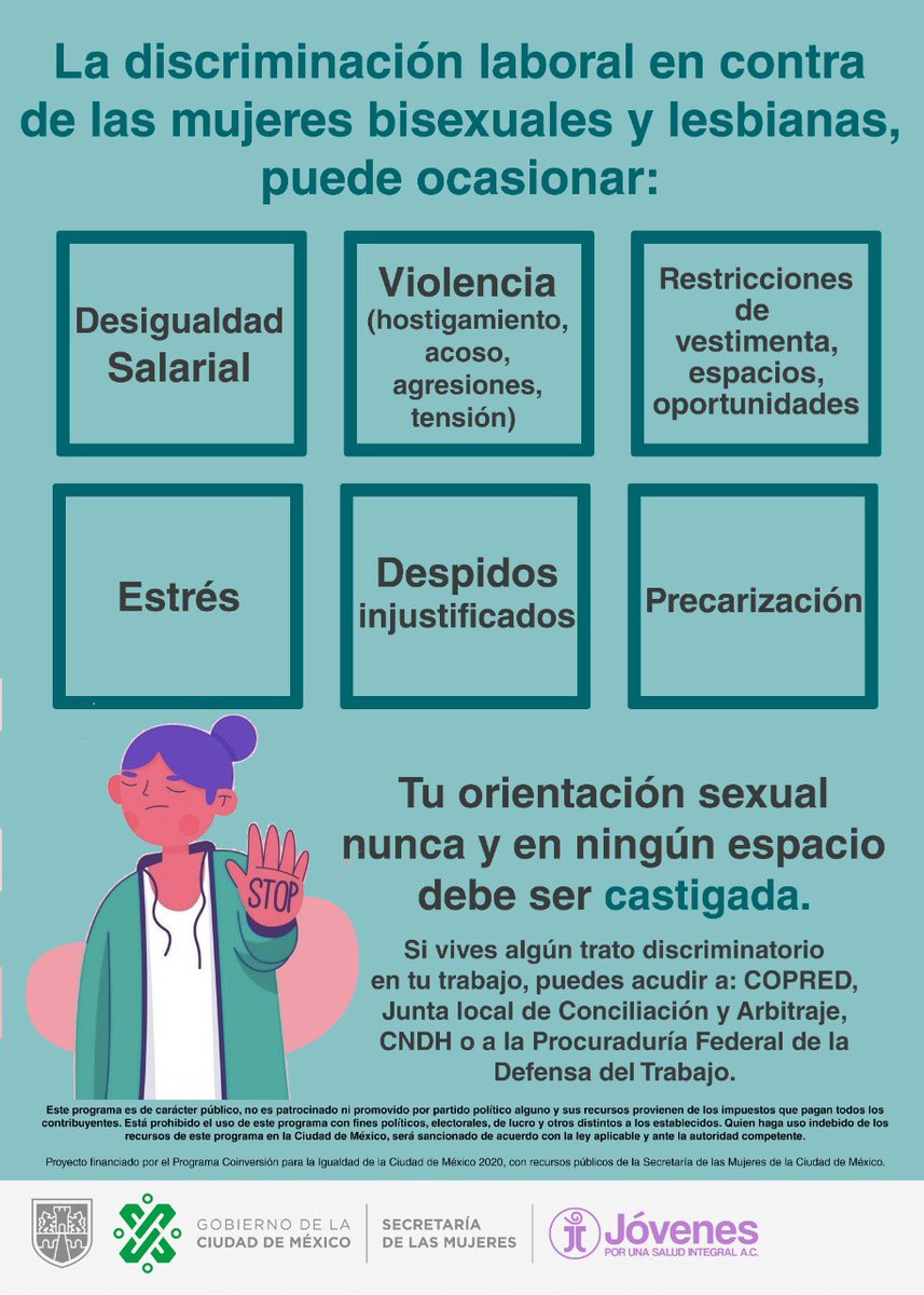 SeMujeresCDMX's tweet photo. La violencia y segregación que enfrentan las mujeres lesbianas y bisexuales reduce sus posibilidades de conseguir empleo o mantenerlo, pues la discriminación laboral persiste, al igual que el acoso y hostigamiento en el trabajo.

#Proyectocoinversion2020

@JovenesSaludInt https://t.co/A9dzEqlmtf