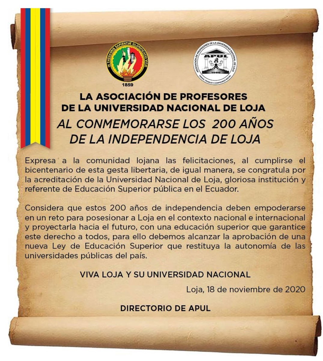 La Asociación de Profesores de la Universidad Nacional de Loja, felicita a la comunidad lojana por el Bicentenario de Loja y la acreditación de nuestra Alma Máter.
<a href="/UNLoficial/">Universidad Nacional de Loja</a> <a href="/NikolayAguirre/">Nikolay Aguirre</a> <a href="/monicapozo/">Mónica Pozo</a> <a href="/thuesmon/">Thuesman Montaño</a> <a href="/APULoja/">Asociación Profesores UNL</a> <a href="/utpl/">🎓 UTPL</a> <a href="/FEPUPE_ec/">FEPUPEcuador</a> <a href="/MunicipioDeLoja/">Municipio de Loja</a>
hora32.com.ec/hora32-bicente…