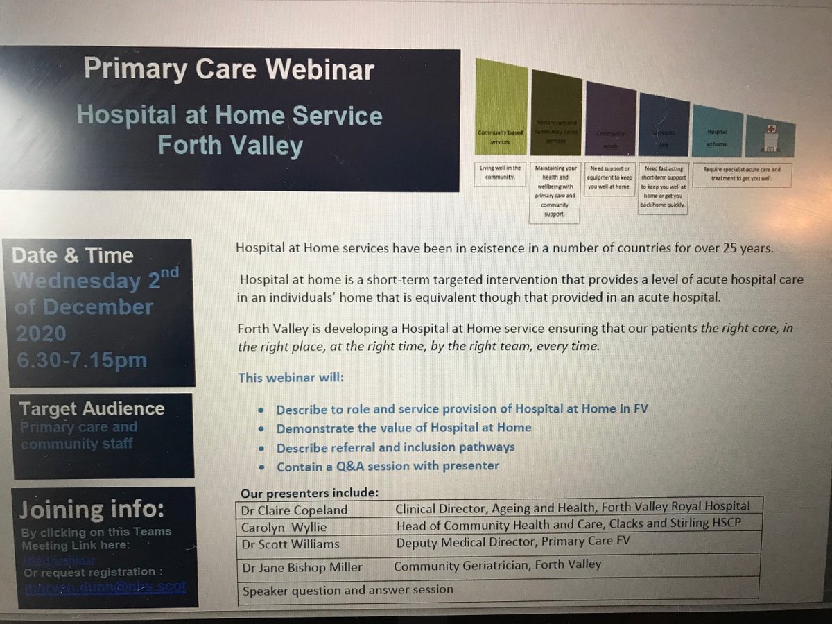 <a href="/GpnNes/">NES GPN</a> <a href="/CPDConnect/">NHS CPDConnect</a> <a href="/NHSForthValley/">NHS Forth Valley</a> <a href="/fv_quality/">NHS Forth Valley Quality Team</a> <a href="/Sparklystar55/">Claire Copeland</a> Hospital at Home webinar for ALL primary Care Teams and HCPs across Forth Valley. Wednesday 2nd Dec at 6.30pm email me to register for the FREE and FABULOUS event! Spread the word! morven.dunn@nhs.scot