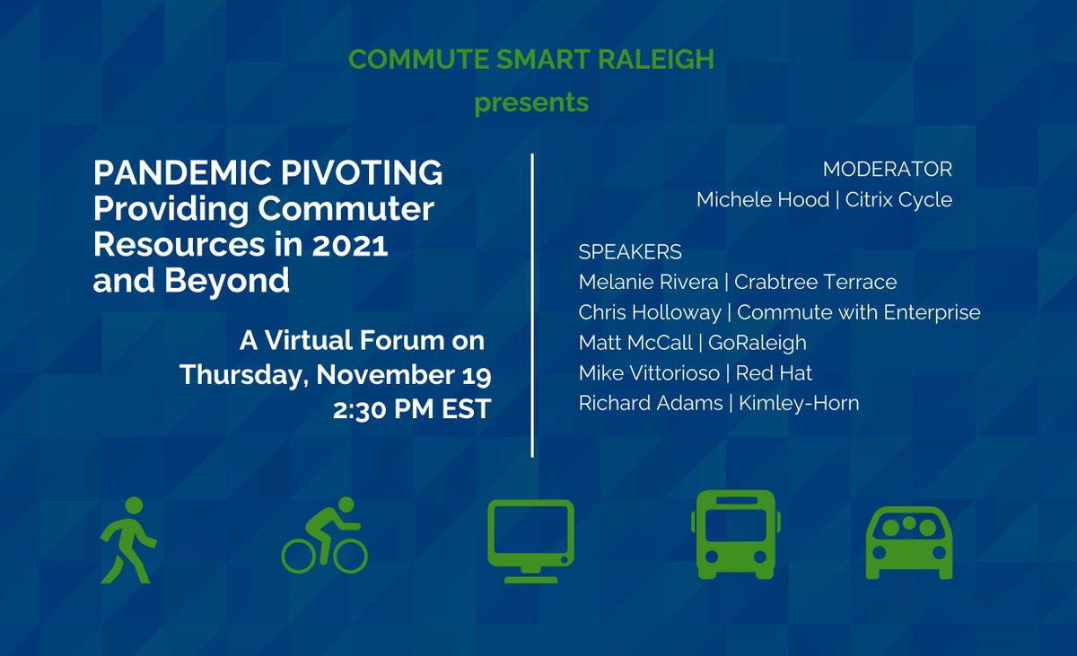 GoRaleighNC's tweet image. Are you an employer, property manager or organization that provides commuter resources to your staff, tenants and members? Join our #CommuteSmart Raleigh Team tomorrow for a virtual forum to learn how others are adjusting in 2021 and beyond. Register @ bit.ly/35i5jnr