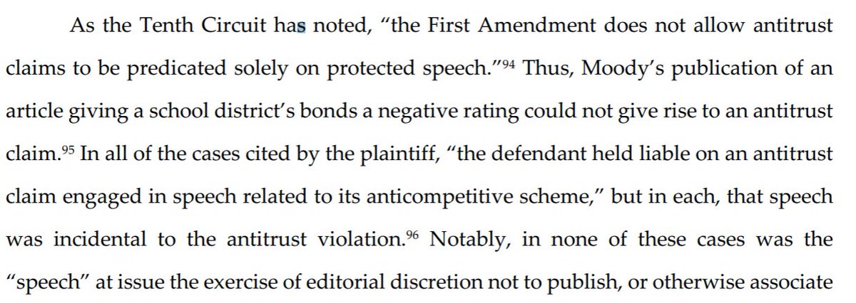 The paper—" #Section230: An Introduction for Antitrust & Consumer Protection Practitioners"—explains that 230 doesn't bar legitimate  #antitrust claims, but also why the First Amendment bars claims made for non-economic, political/cultural/societal reasons https://gaidigitalreport.com/wp-content/uploads/2020/11/Szo%CC%81ka-Kazaryan-Section-230.pdf#page=22