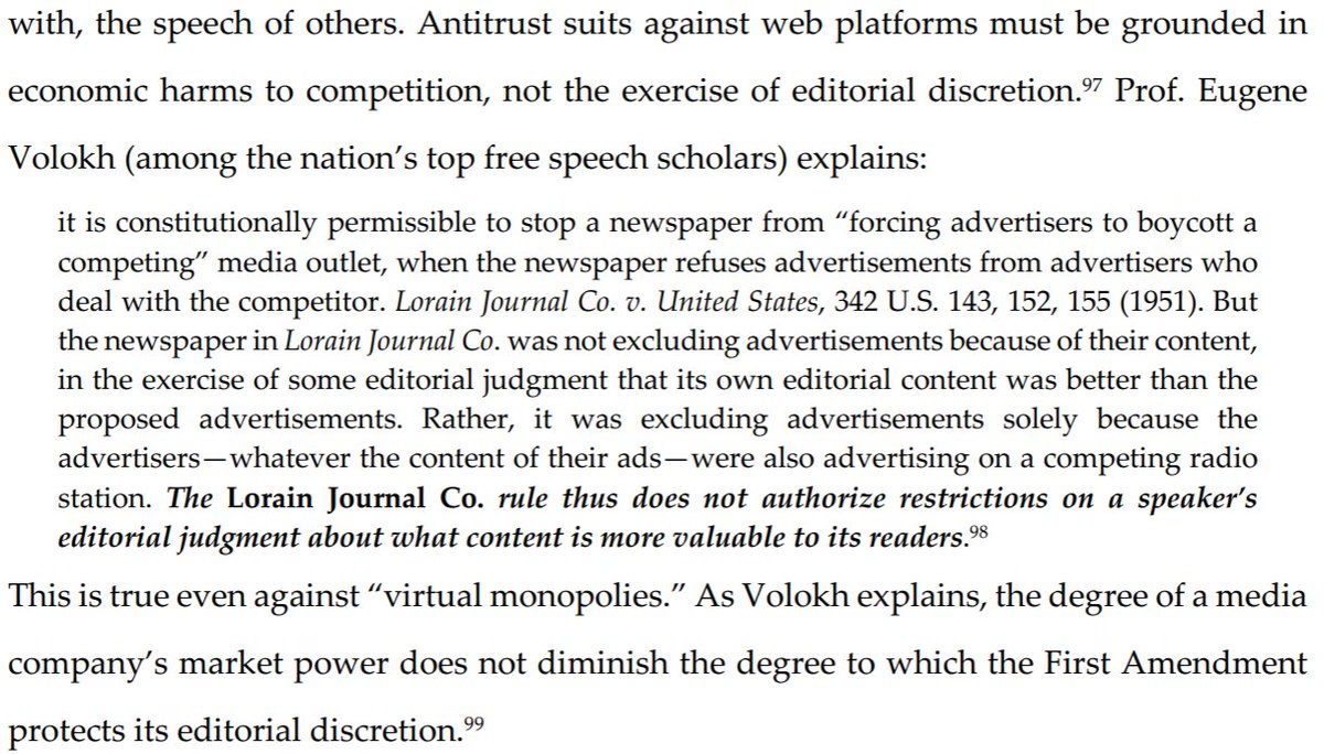 . @EugeneVolokh summarizes why you CAN sue a media outlet for economic conduct (like forcing advertisers to boycott its rivals) but CAN'T sue a media outlet for the standard decisions made by a publisher to refuse to carry content they don't like https://papers.ssrn.com/sol3/papers.cfm?abstract_id=2055364