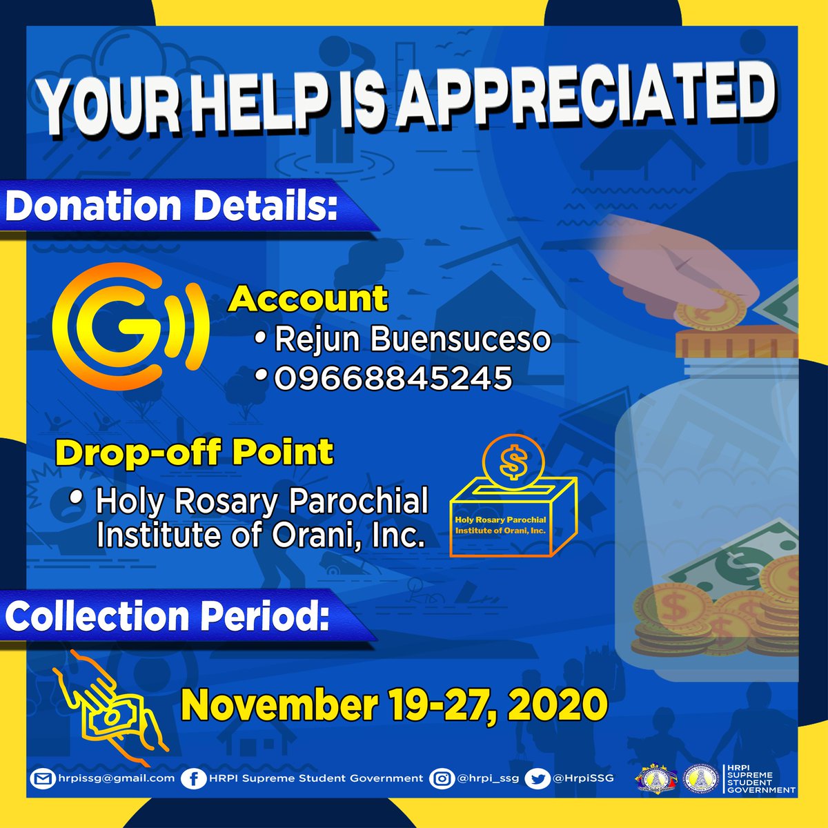 HrpiSSG's tweet photo. The HRPI Supreme Student Government (SSG) are calling for donations to help assist our fellow Filipinos that are affected by the recent Typhoon Ulysses. We are open to accepting donations both within and outside the school.

Check the poster below to see how you can help. https://t.co/sodjd13ZX9