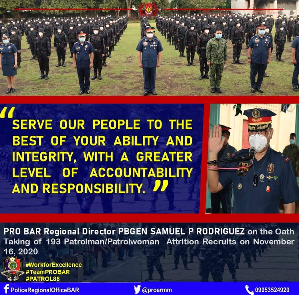 proarmm's tweet image. PRO BAR Regional Director PBGEN SAMUEL P RODRIGUEZ on the Oath Taking of 193 Patrolman/Patrolwoman  Attrition Recruits on November 16, 2020.

#WorkforExcellence 
#TeamPROBAR 
#PATROL88