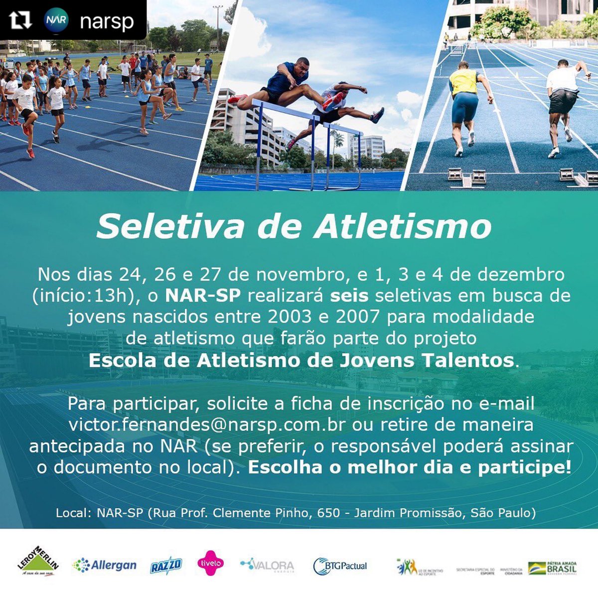 Desenvolver futuras gerações para o esporte brasileiro! Esse é um dos compromissos do <a href="/narsp/">Ram</a>, iniciativa da nossa família. Pensando nisso, faremos uma seletiva em busca de jovens atletas para o projeto Escola de Atletismo de Jovens Talentos. Orgulhoso dessa mais nova iniciativa.