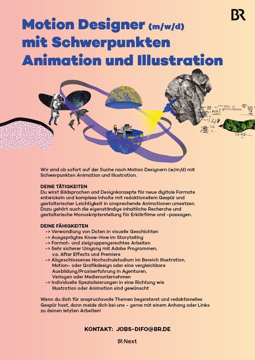 Falls ihr super Leute im Bereich Motion Design und Illustration kennt: Die suchen wir jetzt beim <a href="/BR_Presse/">BR - Bayerischer Rundfunk</a>! 
Freue mich sehr über Hinweise.
