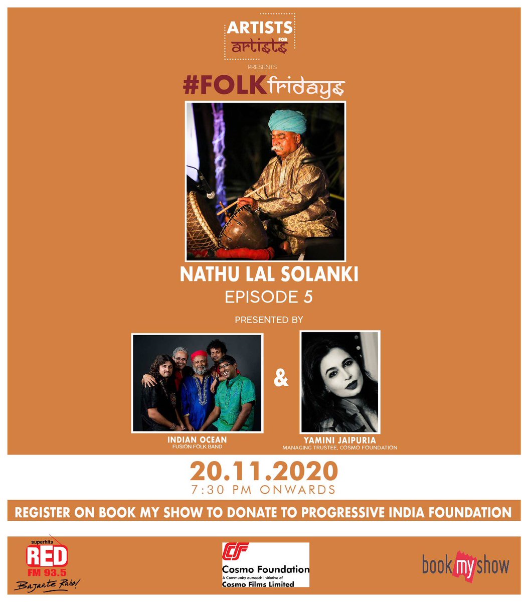 Join us this Friday, 20th November 2020 at 7:30pm to listen to Nathu Lal Solanki, master of drummers from Rajasthan and do your bit in supporting our Indian folk artists.

Registration link : in.bookmyshow.com/events/artists…