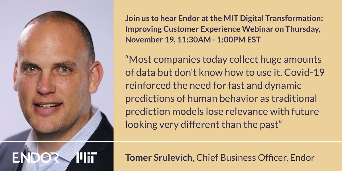 ENDOR (@endorsoftware) on Twitter photo We are honored to be participating at the #MIT #DigitalTransformation: Improving Customer Experience Webinar
<a href="/tomersrulevich/">Tomer Srulevich</a> will be speaking about ways to continue improving analytics in times of
#COVID19 using #SocialPhysics #AI #Humanbehavioranalysis We are honored to be participating at the #MIT #DigitalTransformation: Improving Customer Experience Webinar
<a href="/tomersrulevich/">Tomer Srulevich</a> will be speaking about ways to continue improving analytics in times of
#COVID19 using #SocialPhysics #AI #Humanbehavioranalysis