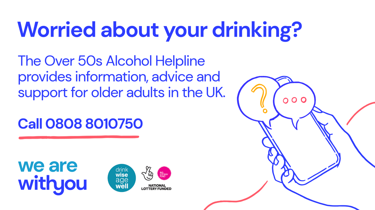We’re launching our new #Over50sAlcoholHelpline which provides support to anyone aged over 50 who may be worried about their drinking, and anyone worried about a loved one over 50. Call 0808 8010750 or visit wearewithyou.org.uk/over-50s-helpl… for more information. #AlcoholAwarenessWeek