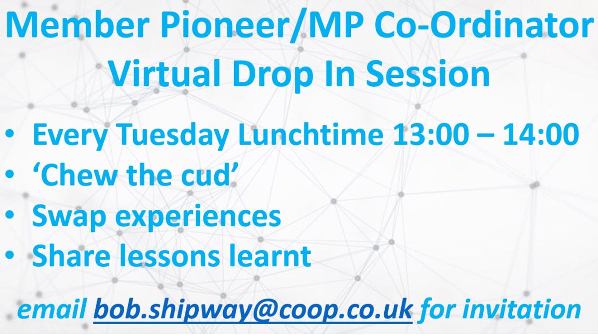 BobS_MPC's tweet photo. Had the highest number of Member Pioneers ever on our latest lunchtime Drop In event yesterday. 7 topics shared in just an hour. Our evening drop in session is 7pm tonight. Contact @gilliancMPC for an invitation. #UKWideConnection #ShareLearnUse @Tom_MPM @CoopFayB @ruthhall1 https://t.co/ULNc7sQm9U