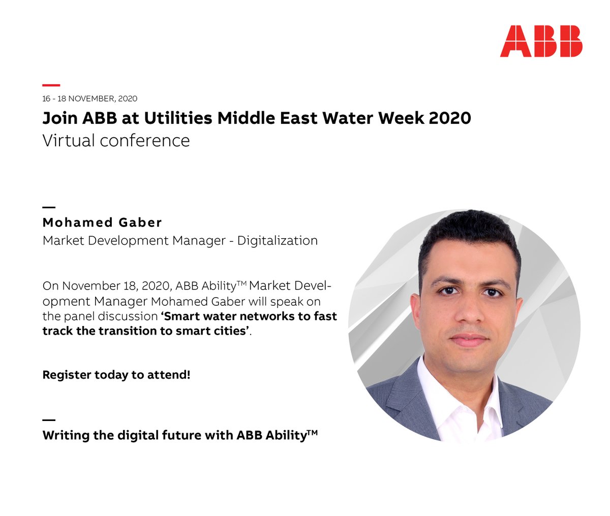 ABBMiddleEast's tweet photo. It's the final day of #WaterWeek2020 where we will delve into smart water networks to fast track the transition to smart cities at 14:05.
Join us at the virtual panel discussion to find out more about smart water technologies.
Register now: https://t.co/W72Y6jVvED
#ABB #Water https://t.co/eBtJaUuEd6