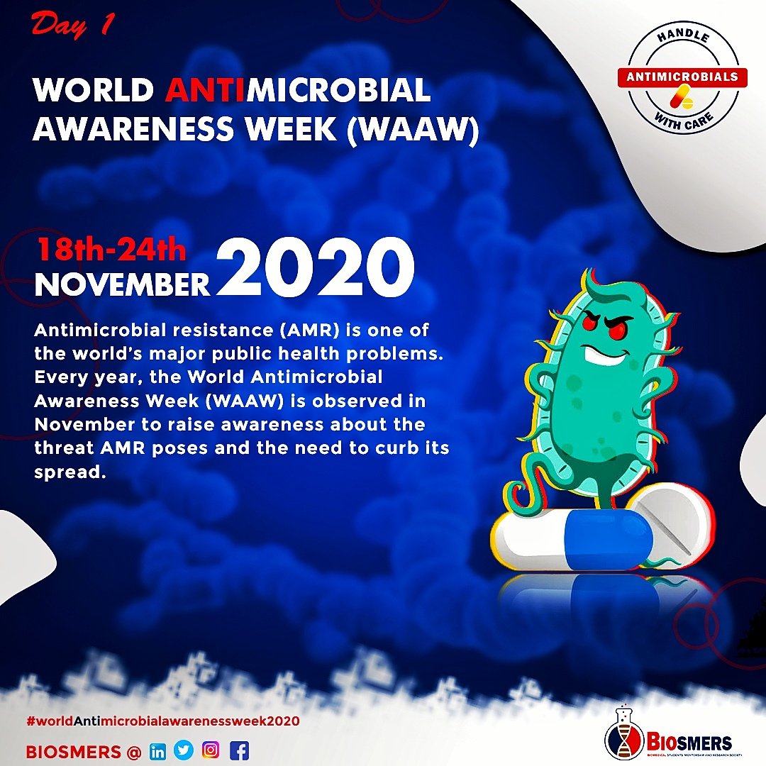 Biosmers_'s tweet photo. The World Antimicrobial Awareness Week (WAAW) begins today, from 18th-24th Nov, to raise awareness about the threat Antimicrobial resistance (AMR) poses and how best to curb its spread.
#AntibioticResistance #AntibioticAwarenessWeek #AntimicrobialResistance https://t.co/1NTWr25oNP
