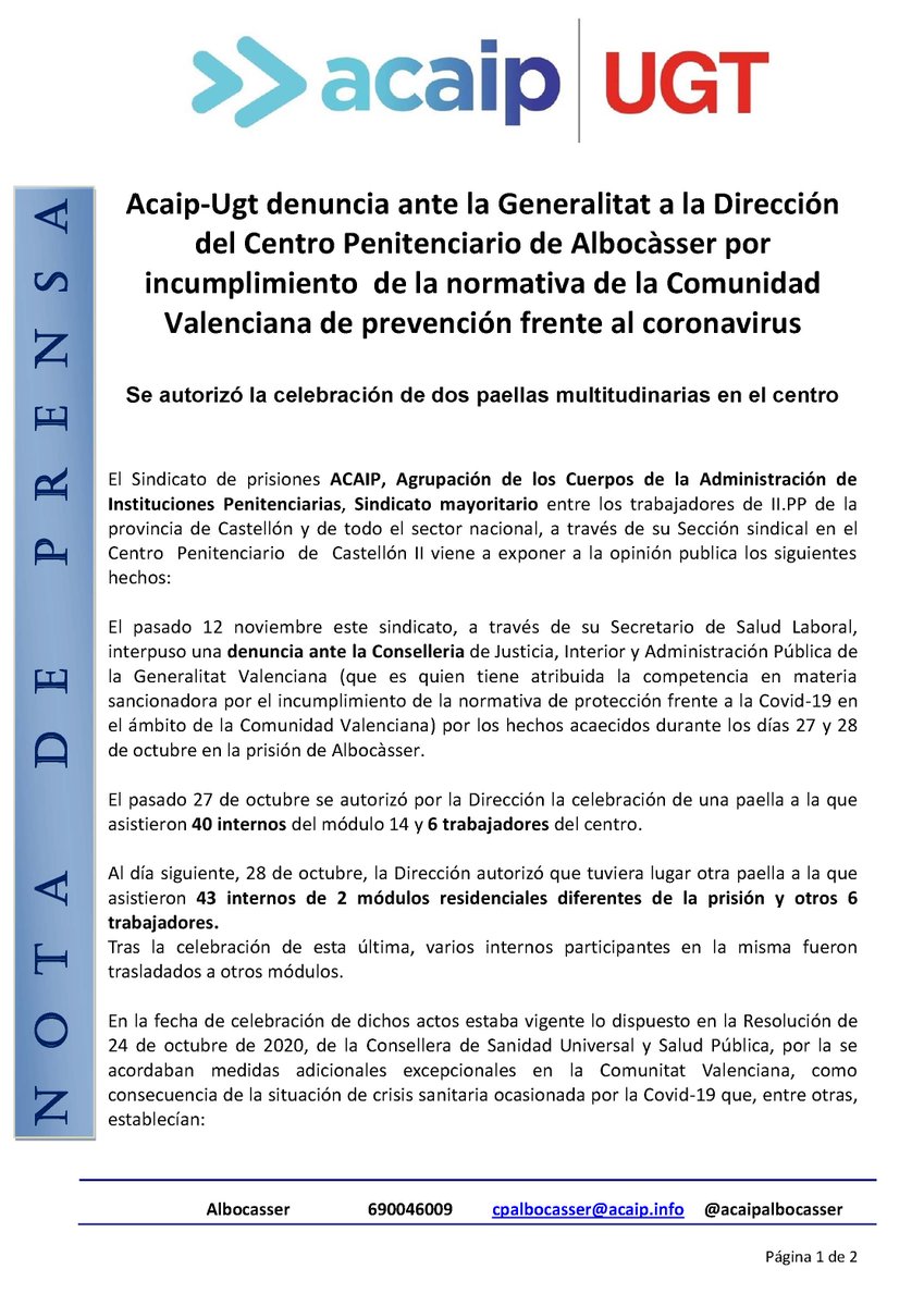 SlaboralAcaip's tweet photo. @AcaipSindicato presenta denuncia ante @GVAjusticia contra Dirección Centro Penitenciario Albocàsser por incumplimiento normativa protección contra #Covid_19 de @GVAsanitat . @IIPPGob y @interiorgob no pueden mantener un día más en el puesto a esta persona. https://t.co/AykWctGxEi