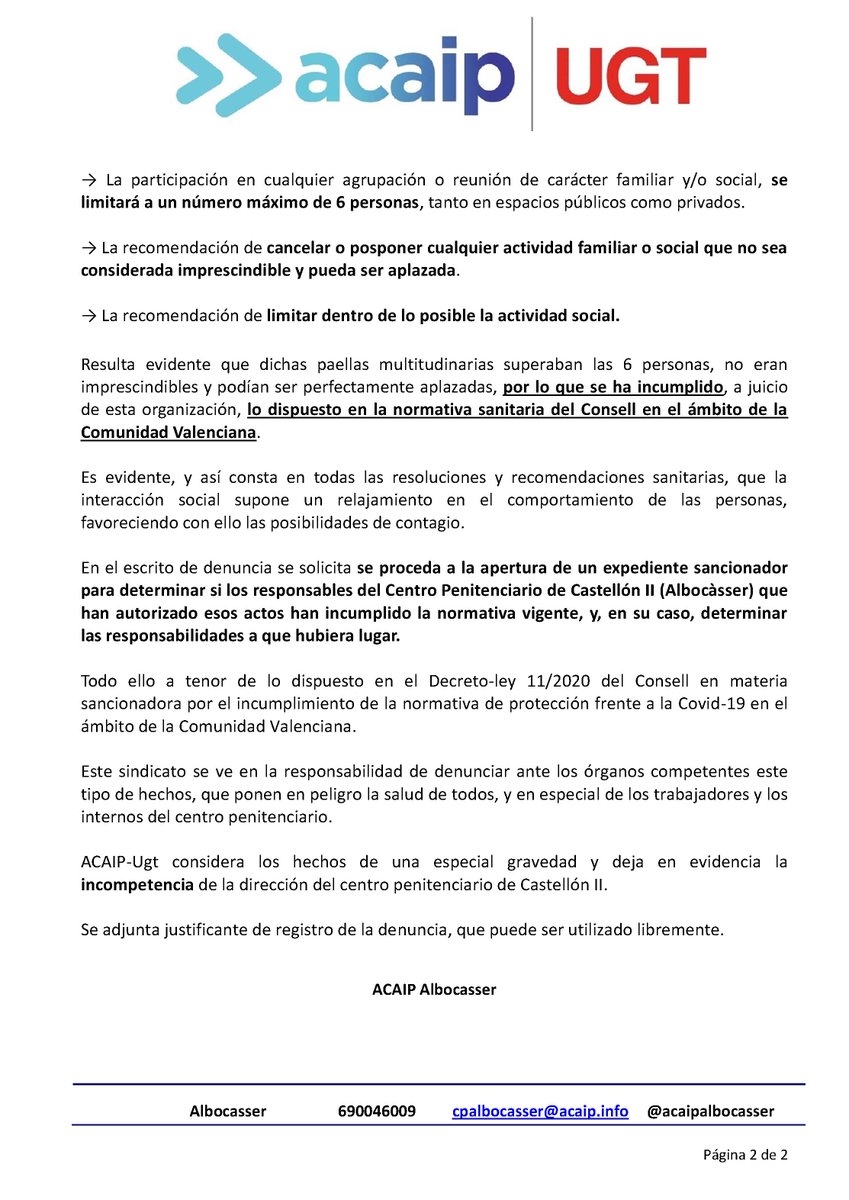 SlaboralAcaip's tweet photo. @AcaipSindicato presenta denuncia ante @GVAjusticia contra Dirección Centro Penitenciario Albocàsser por incumplimiento normativa protección contra #Covid_19 de @GVAsanitat . @IIPPGob y @interiorgob no pueden mantener un día más en el puesto a esta persona. https://t.co/AykWctGxEi