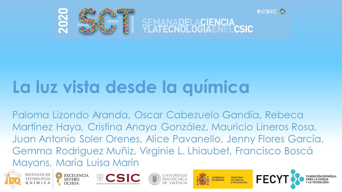 ITQ_CSICUPV's tweet photo. Tercer día, y tercer video, de la #SemanaDeLaCiencia 2020 en el @ITQ_UPVCSIC 
Hoy, "La luz vista desde la química"

@CSIC @CSICval @CSICdivulga @UPV @RSEQUIMICA @FECYT_Ciencia @asociacionruvid

Podéis encontrar el video en:
https://t.co/DahhyOx375 https://t.co/FQgzzv8cmk