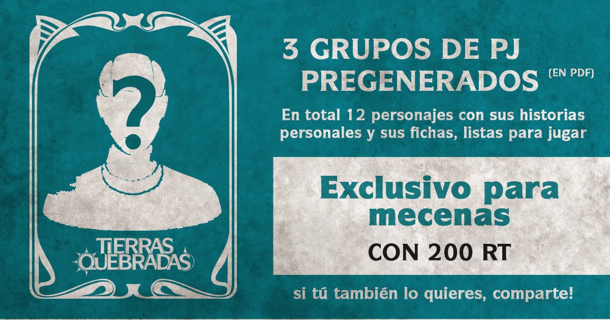 Edicionestyt's tweet photo. ¡Recompensa social para #TierrasQuebradas! Si logramos 200 RT de este Tuit, los mecenas recibirán 12 fichas de PJ pregenerados en formato digital. Tres grupos de 4 aventureros con sus historias personales, listos para jugar.
Apoya nuestro @Verkami:
https://t.co/8G8VktNBNC https://t.co/xdscClYSKA