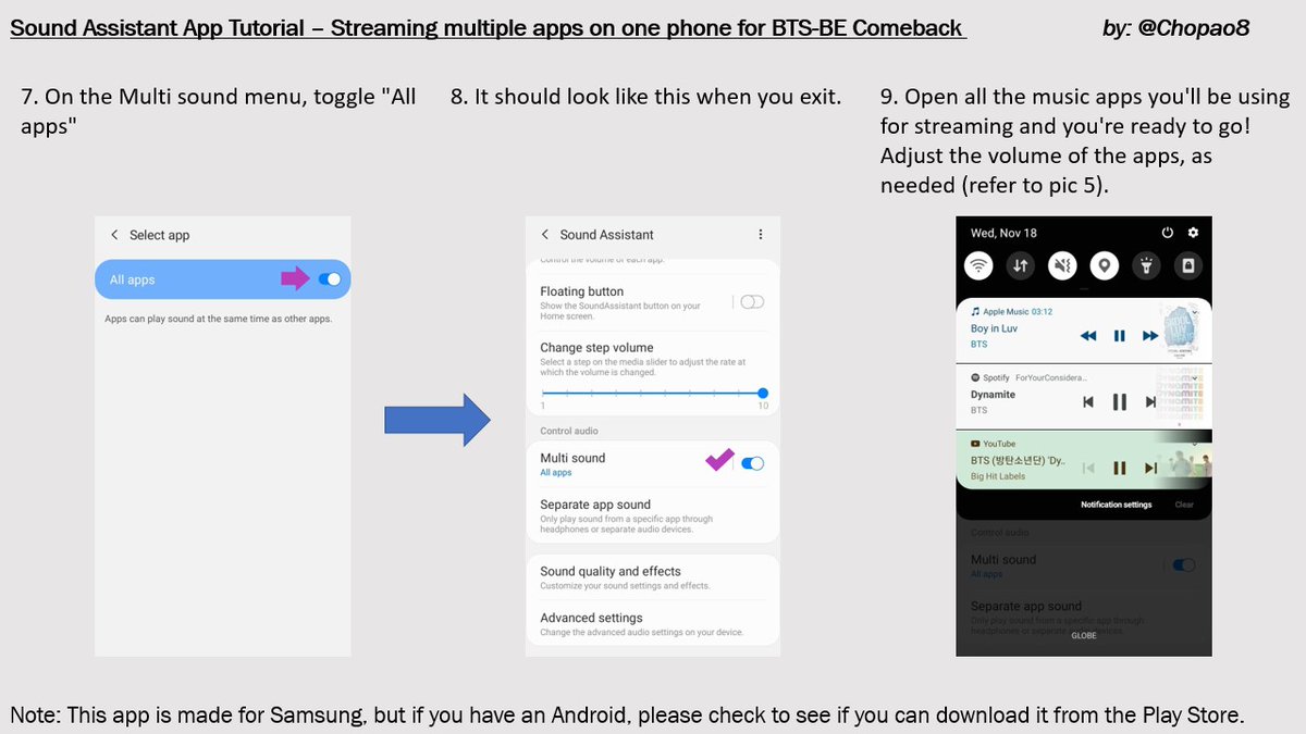 Chopao8's tweet photo. Just wanna share a tutorial I made on how to use multiple streaming apps simultaneously on Android using Sound Assistant app. I saw a tutorial from a fanbase but I couldn't find one in English so I made this. Please feel free to share! 💜 #BTS_BE https://t.co/GLzj9dV4LQ