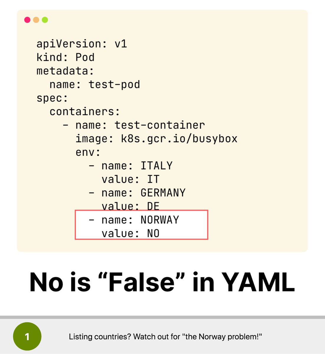 2/Maps and lists are the basic building blocks of any YAML file.Any value that is part of a list or of map's value can be a string, a number, a boolean, `null`, or another dictionary.In most cases, strings don't require quotes.But sometimes if you miss them... 