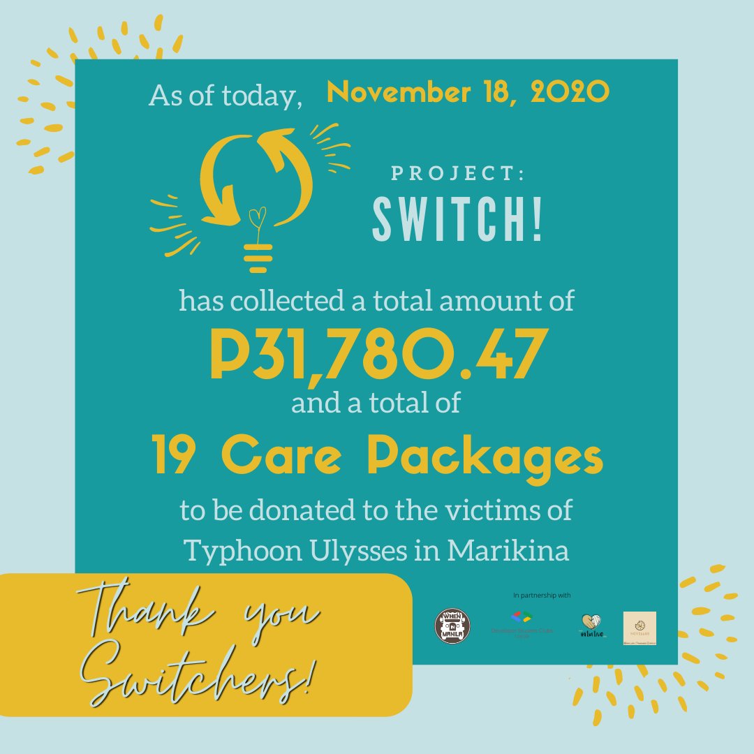 projectswitchph's tweet photo. As of November 18, 2020, 5: 00 pm, Project: SWITCH! received 31, 780.47 pesos, and still counting! Together with it, we also received one bag of clothes and 19 care bags containing clothes, rice, coffee, biscuit, detergent bar soap, bath soap, toothbrush and toothpaste. https://t.co/aP2dtbVRiJ