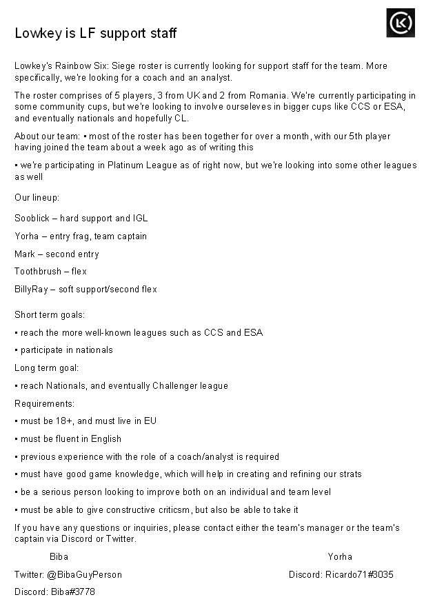 LowkeyR6's tweet photo. Lowkey is currently looking for support staff - a coach and an analyst!
If you're interested, or know someone who would be interested, please let us know! https://t.co/yTZ4j587ng