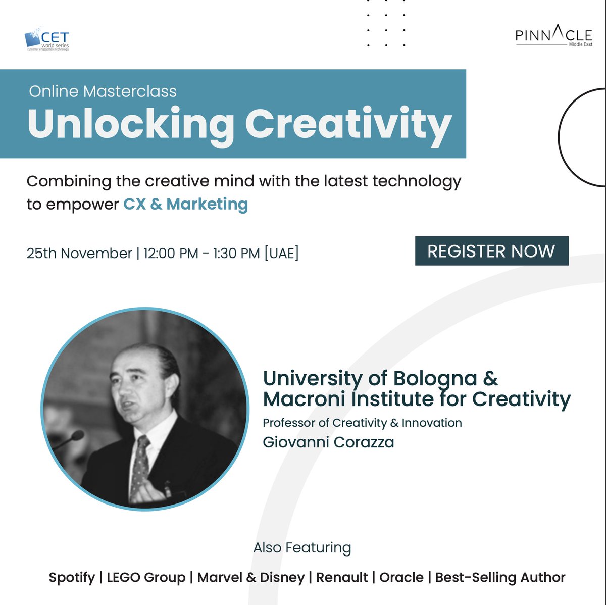 #RegisterNow at the link below to hear from Giovanni Corazza, Professor of Creativity &amp; Innovation who will be sharing key insights on the psychology behind #creativity and generating novel, authentic &amp; surprising ideas.

Register: pinnaclemiddleeast.com/unlocking-crea…