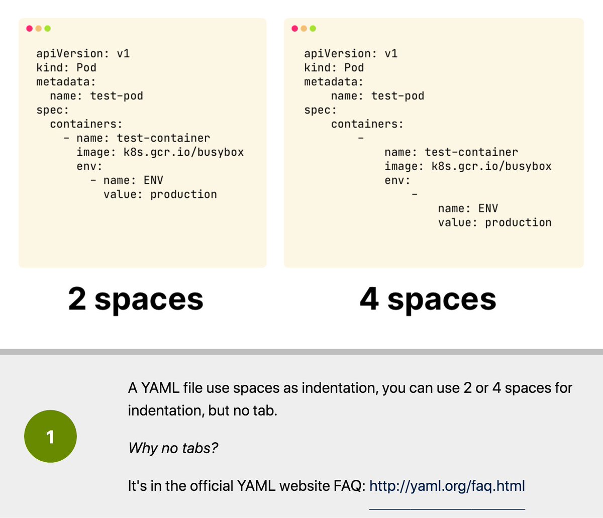 1/Let's cover the basics first.YAML has three basic rules:1. Indentation — only 2 or 4 spaces2. Maps — key-value pairs3. Lists — collections of things