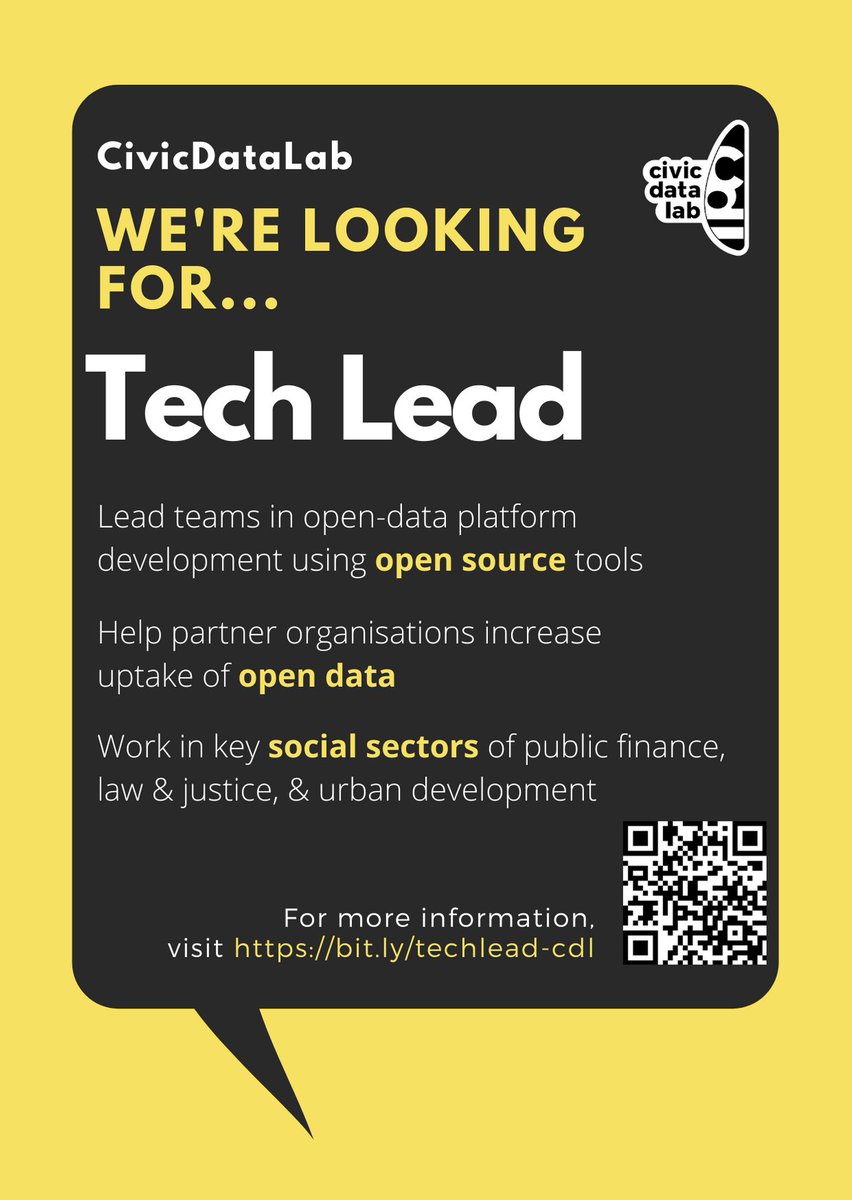 CivicDatalab's tweet photo. #Hiring Announcement!

Join us as TECH LEAD to

Work at the intersection of tech &amp; social sectors such as public finance💵, law &amp; justice⚖️, &amp; urban development🏙️

Lead teams to develop #opendata platforms

https://t.co/C3uZtVVfl6

🤫Shh, We're fully #remote! Work from anywhere! https://t.co/1wmYRENZ4M