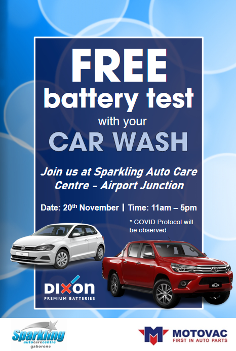 motovac's tweet photo. BOTSWANA: 
Make sure your car is #WeekendReady 🚗😎
Join us this Friday (20th November) at Sparkling Auto Care Centre Gaborone and get a FREE BATTERY TEST &amp; FREE TYRE TEST when you wash your car.

Be sure to pass by!! 

#Motovac
#FirstInAutoParts
#AskMotovac
#DixonBatteries https://t.co/w4e0Ofr7P3