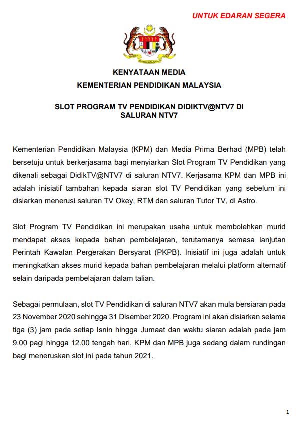 kamayNewsMPB's tweet photo. Kementerian Pendidikan (KPM) dan Media Prima Berhad bersetuju untuk bekerjasama bagi menyiarkan slot program TV Pendidikan dikenali sebagai DidikTV@NTV7 di saluran NTV7 bermula 23 November - KPM 
@BuletinTV3 

#didikTV
#tvpendidikan
#MOE https://t.co/fh5b7ogApF