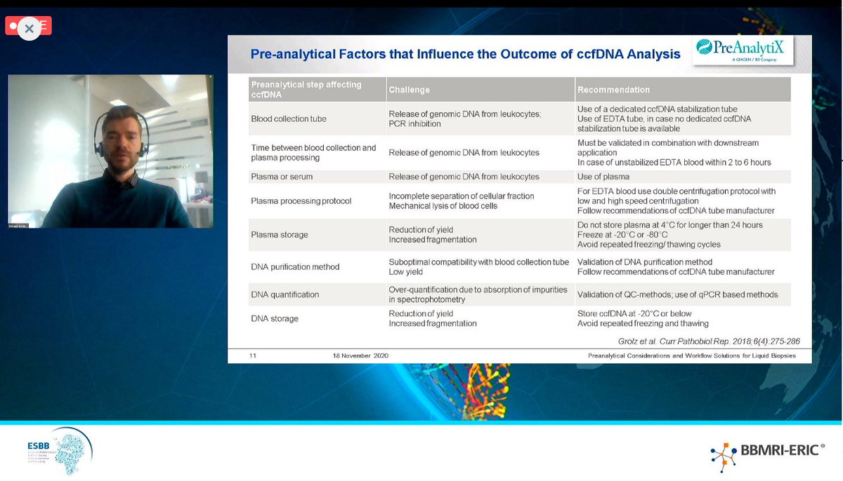 Tomasz Krenz, @QIAGEN, summaries preanalytical factors that influence the outcome of ccfDNA analysis in a table. Do have a look at the ISO-standard 20186-3-2019 for more info. #EBW20 #preanalytical #samples #ccfDNA
