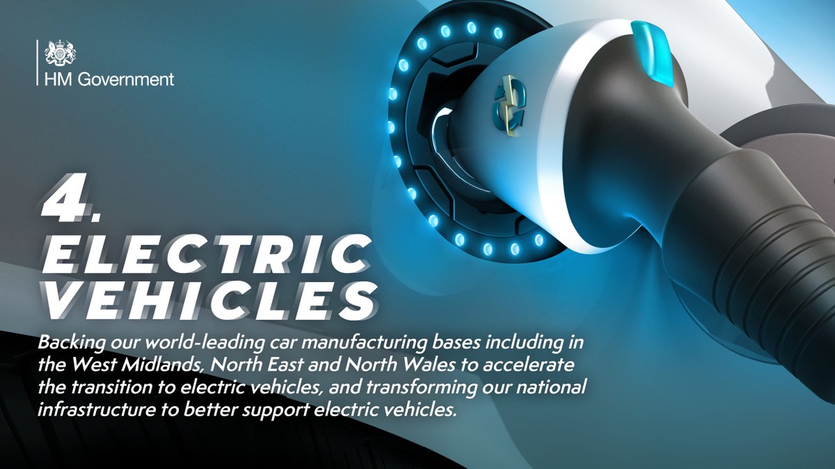 4. Backing our world-leading car manufacturing bases in the West Midlands and North East to accelerate the transition to electric vehicles, ending the sale of new petrol and diesel cars and vans by 2030.