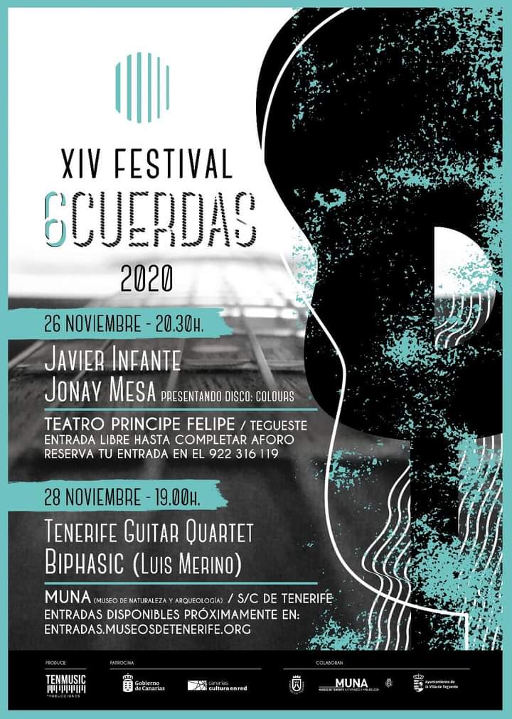🎸🎸🎸 En el presente 2020 celebramos la XIV edición del Festival 6Cuerdas.
 
📌 Programamos 2 noches de #conciertos para este mes: 26 y 28 de noviembre, con Jonay Mesa (presentando 'Colours') y Javier Infante; y Tenerife Guitar Quarter y Biphasic (Luis Merino), respectivamente.