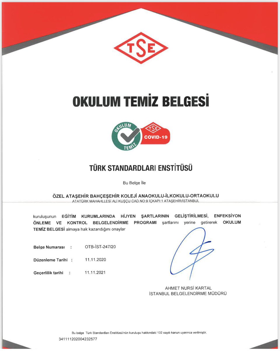 Bahçeşehir Koleji Ataşehir Kampüsü olarak “TSE’nin Eğitim Kurumlarında Hijyen Şartlarının Geliştirilmesi, Enfeksiyon Önleme ve Kontrol Belgelendirme Programı” şartlarını yerine getirerek Okulum Temiz Belgesi’ni almaya hak kazanmıştır.