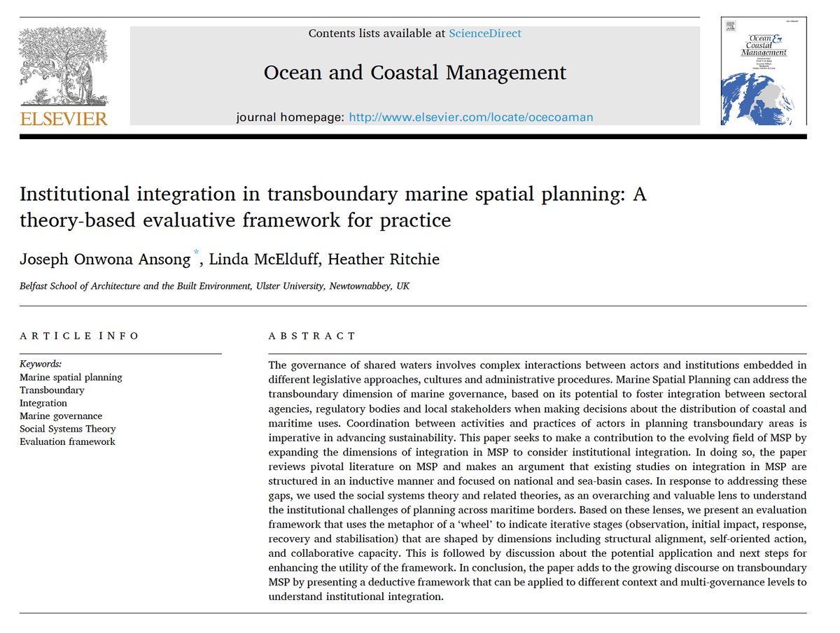 Happy to share this #newpaper from my doctoral research #transboundaryMSP w/ @hezjritchie @LindaMcelduff @PRD_UlsterUni which presents a framework for evaluating transboundary #marinespatialplanning process doi.org/10.1016/j.ocec… Kindly check thread below