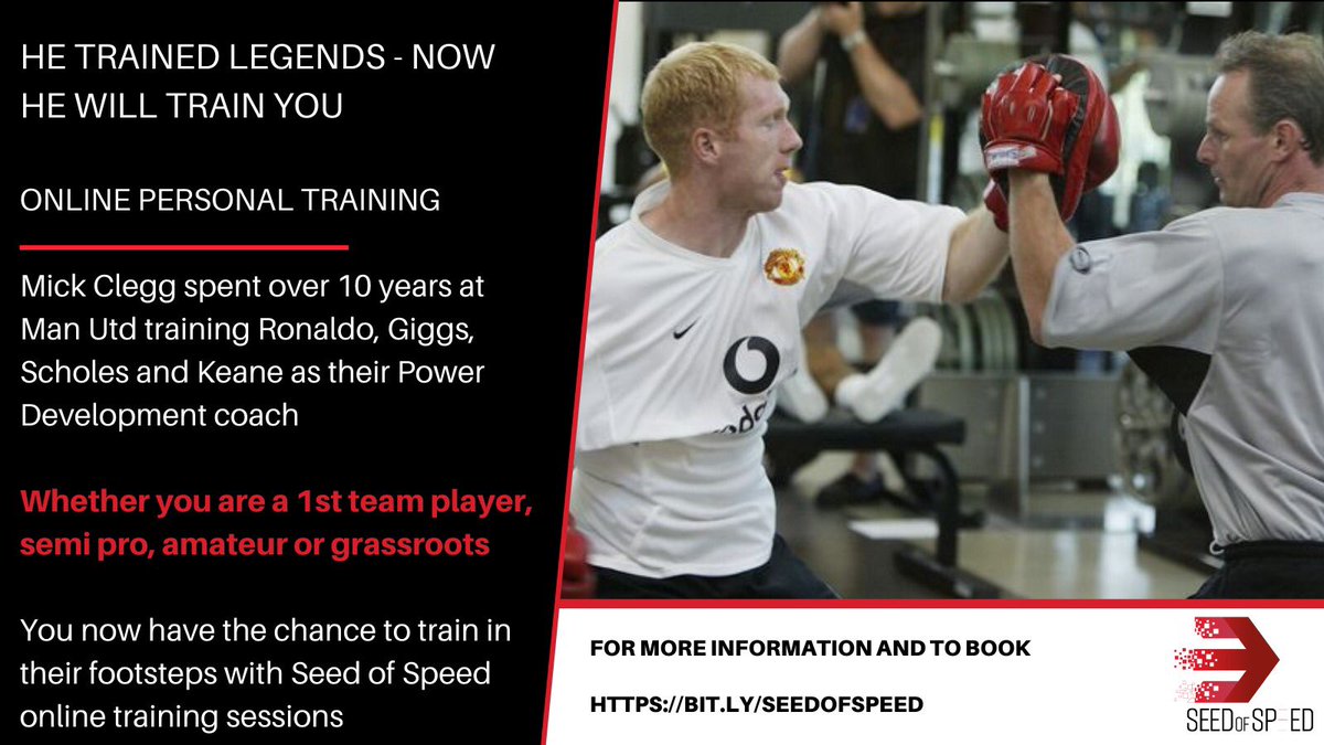 seedofspeed's tweet photo. No matter what your fitness goal, Mick Clegg is now available to train YOU online.He assisted #SirAlexFerguson at #ManUtd as the #PowerDevelopment coach and worked with the likes of #Ronaldo, #Giggs, #Scholes and #Beckham. Book here https://t.co/pC6zoRCMaW #MUFC #personal_trainer https://t.co/nUodgj4qFV